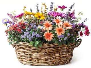 Many types of summer flowers, bright colors, refreshing to see. In a woven basket. White background. The object can be separated from the background.