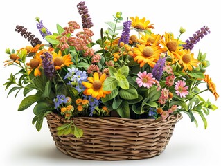 Many types of summer flowers, bright colors, refreshing to see. In a woven basket. White background. The object can be separated from the background.