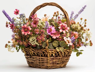 Many types of summer flowers, bright colors, refreshing to see. In a woven basket. White background. The object can be separated from the background.