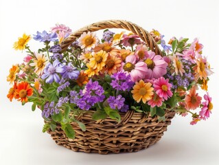 Fototapeta na wymiar Many types of summer flowers, bright colors, refreshing to see. In a woven basket. White background. The object can be separated from the background.