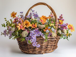 Many types of summer flowers, bright colors, refreshing to see. In a woven basket. White background. The object can be separated from the background.