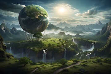 Fantasy landscape with planet and mountains