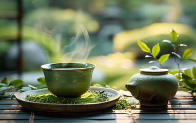 Japanese macha tea in a old ceramic cup neutral colors, minimalist and elegant image, zen japanese garden on background - obrazy, fototapety, plakaty
