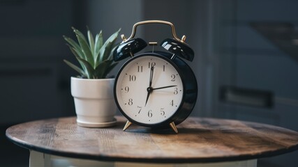 clock on a wooden table with potted plants