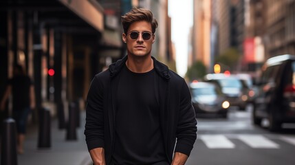 A modern and trendy male model wearing a black cotton t-shirt, seamlessly blending into the cosmopolitan setting of a city street, epitomizing casual yet fashionable streetwear - obrazy, fototapety, plakaty