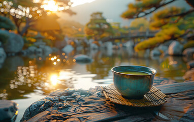 Japanese macha tea in a old ceramic cup neutral colors, minimalist and elegant image, zen japanese garden on background