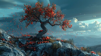 Lone Tree Adorned with Falling Persimmons Tops Majestic Mountain in Fantasy Landscape - obrazy, fototapety, plakaty