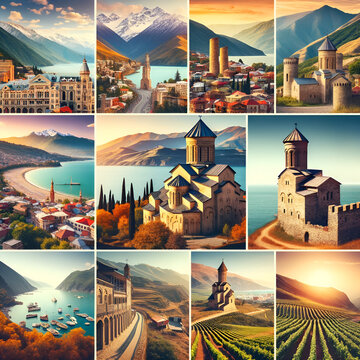 Georgia travel collage. Set of images with natural and cultural landmarks of beautiful caucasus country
