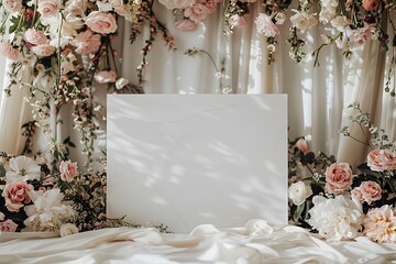 Flowers adorn wedding signage mockup with flowers in background