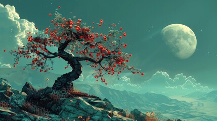 Lone Tree Adorned with Red Fruit on a Hillock Amidst a Dreamy Turquoise Moonlit Fantasy Landscape