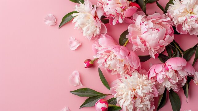 Generate a realistic photo featuring a bouquet of peonies on a pink background, presenting the perfect concept for Mother's Day,