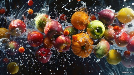 Obraz na płótnie Canvas Fruit Explosion Midair: A Vibrant Display of Color and Freshness in High Speed Photography