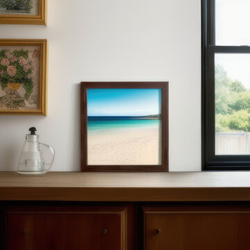 wall art mockup, frame mockup on a white wall , summer collection
