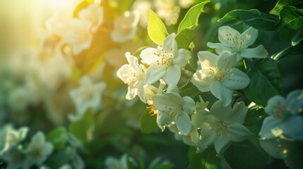White jasmine flowers intertwined with lush green leaves, creating a beautiful and natural background. - obrazy, fototapety, plakaty