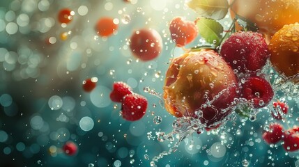 Explosion of Freshness: A Single Fruit Diving into a Colorful Splash of Pure Vibrancy - obrazy, fototapety, plakaty