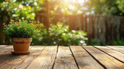 empty wooden Table With Trees Blooming And a blurry Sunny Garden Background for the product display banner. copy space