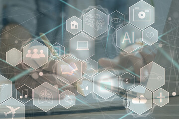 Manager Technical Industrial Engineer working and control robotics with monitoring system software and icon industry network connection on tablet. AI, Artificial Intelligence.