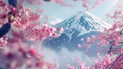 Rolgordijnen Travel Japan, Japanese cherry blossom flower pink Sakura flowers with Fuji mountain, Japan spring scenic. © torjrtrx