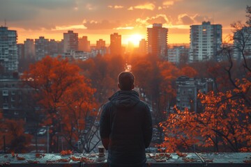 As the autumn sunset backlights his silhouette against the towering skyscrapers and city streets below, a man stands alone on a ledge, contemplating the vastness of the outdoor world before him - Powered by Adobe