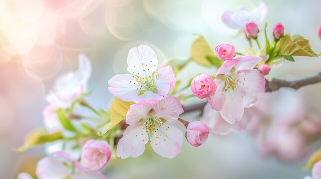 Blossoming cherry trees in spring, Spring pink cherry blossoms Sakura flower with sunlight background.