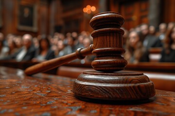 Close-up of a wooden judge's gavel in a courtroom setting with a blurred audience in the background - obrazy, fototapety, plakaty