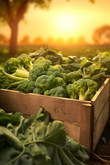 Broccoli harvested in a wooden box with field and sunset in the background. Natural organic fruit abundance. Agriculture, healthy and natural food concept. Vertical composition.