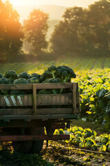 Cargo truck carrying broccoli vegetable in a field. Concept of agriculture, food production, transportation, cargo and shipping.