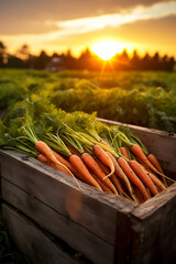 Carrots harvested in a wooden box with field and sunset in the background. Natural organic fruit abundance. Agriculture, healthy and natural food concept. Vertical composition.