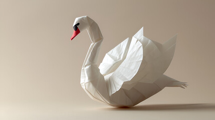 White origami swan duck on a plain beige colored background. generative ai  - obrazy, fototapety, plakaty