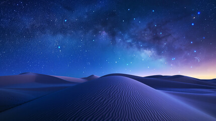 sand dunes with a bluish tint of lighting under a starry night sky with the Milky Way visible - obrazy, fototapety, plakaty