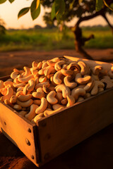 Cashew nuts harvested in a wooden box in a plantation with sunset. Natural organic fruit abundance. Agriculture, healthy and natural food concept. Vertical composition.