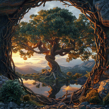 Enchanting scene of a twisted ancient tree framing a tranquil mountain sunset reflected in a serene lake.