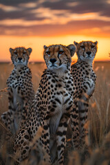 Cheetah standing in the savanna with setting sun shining. Group of wild animals in nature.