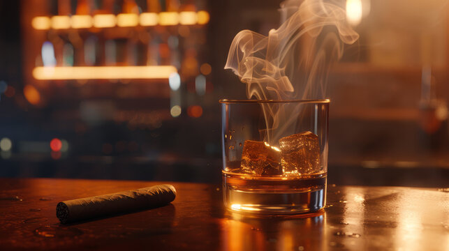 Evening Relaxation: A cozy image depicting the glass of whiskey or cognac resting on the bar counter, with the cigar emitting fragrant smoke in the background. Generative AI