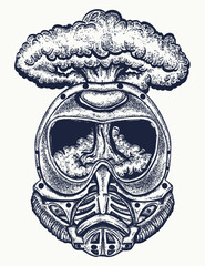 Gas mask and nuclear explosion tattoo. Concept of war, end of the world, life and death. Apocalypse symbol. T-shirt design concept art