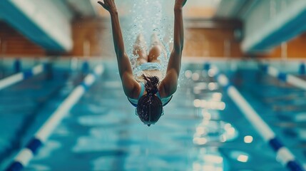Caucasian female athlete swimmer dives into a swimming pool at a sports center. her athletic form is captured mid-dive, showcasing the dynamics of competitive swimming.