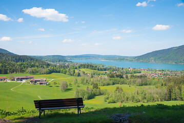 lookout place above Kleinbuch with bench, spring landscape upper bavaria