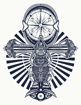Ankh and compass tattoo. Ancient egyptian cross t-shirt design. Decorative ethnic style of Ancient Egypt.  Esoteric symbol of eternal life, key to immortality, soul, secret knowledge and magic travel