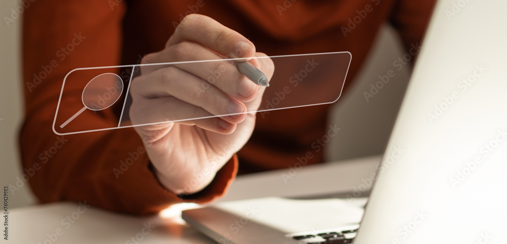 Poster searching for information of interest through online websites. keyword search ideas to find referenc