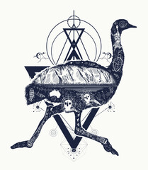Ostrich double exposure tattoo. Sacred geometry style. Esoteric symbol of Australia, travel and outdoor tourism. T-shirt design. Ancient australian mountain, cave paintings, didgeridoo