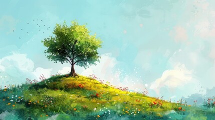 Tranquil Lone Tree Adorned with Blooms on a Grassy Hillside: A Peaceful Scene for Children's