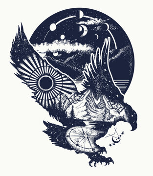 Eagle and mountains, double exposure tattoo. Sacred geometry art. Flying hawk and compass. Symbol of the wild nature, adventure, travel, great outdoors and freedom. Creative t-shirt design concept