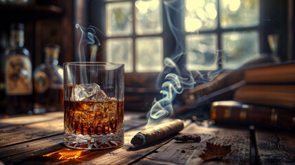 Gentleman's Retreat: An intimate image showcasing the glass of whiskey or cognac and the smoking cigar as essential elements of a gentleman's ritual. Generative AI - obrazy, fototapety, plakaty