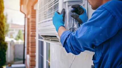 A youthful male contractor in blue coveralls and safety gloves is fixing or setting up the air conditioner.