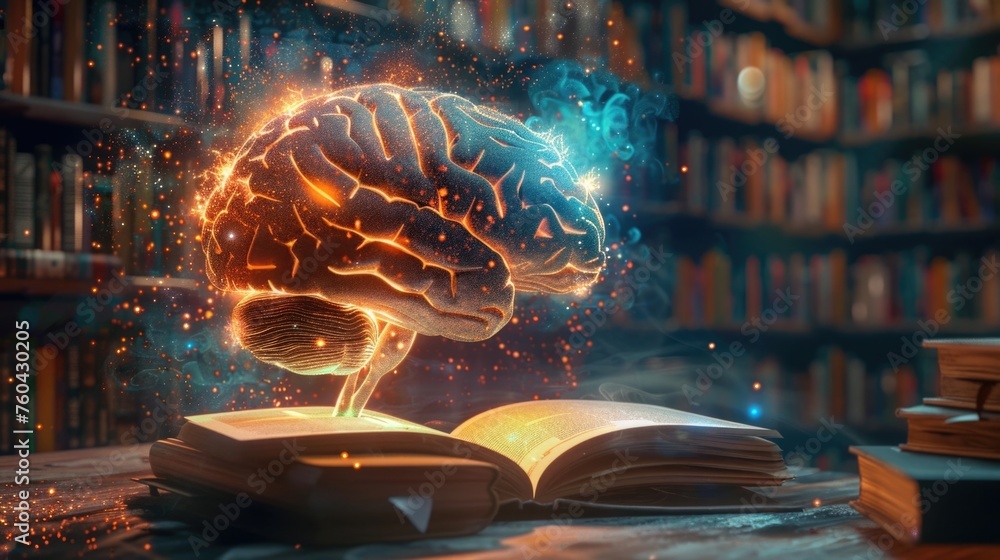 Poster a 3d render of a brain with glowing energy, casting a glow over books and digital screens, represent