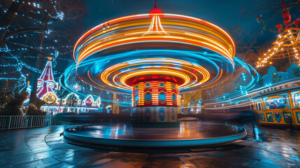 Theme park or amusement park in motion, long exposure. Ferris wheel, carrousel and fun at night. Entertainment park for families and children.
