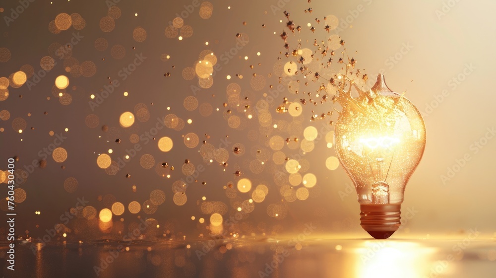Poster 3d render of a light bulb with golden sparks and glitter particles, symbolizing the moment of unders