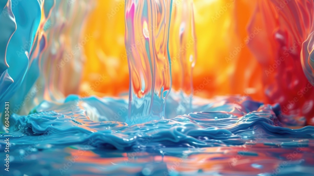 Poster 3d abstract background featuring a fountain of colorful liquid flowing down, creating an enchanting 