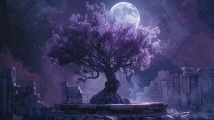 Majestic Purple Tree Glowing Amidst Ancient Ruins Under the Moonlit Sky in a Fantastical World - obrazy, fototapety, plakaty