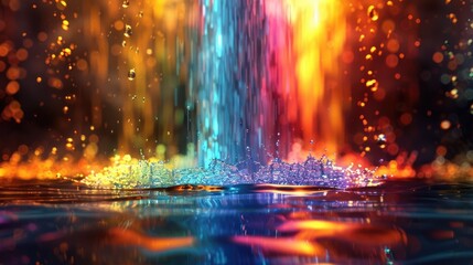 Digital art piece features an abstract rainbow waterfall cascading down with vibrant colors reflecting on the surface of the water The background is filled with bokeh lights and sparkling